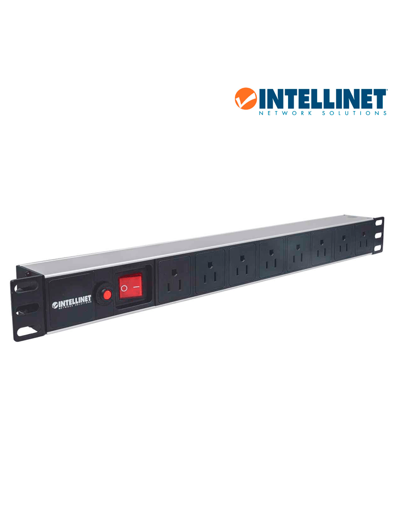 INTELLINET 713993- Barra PDU, 8 contactos, para gabinetes/racks de 19", 1U, con protección contra sobrecarga y botón On/Off.