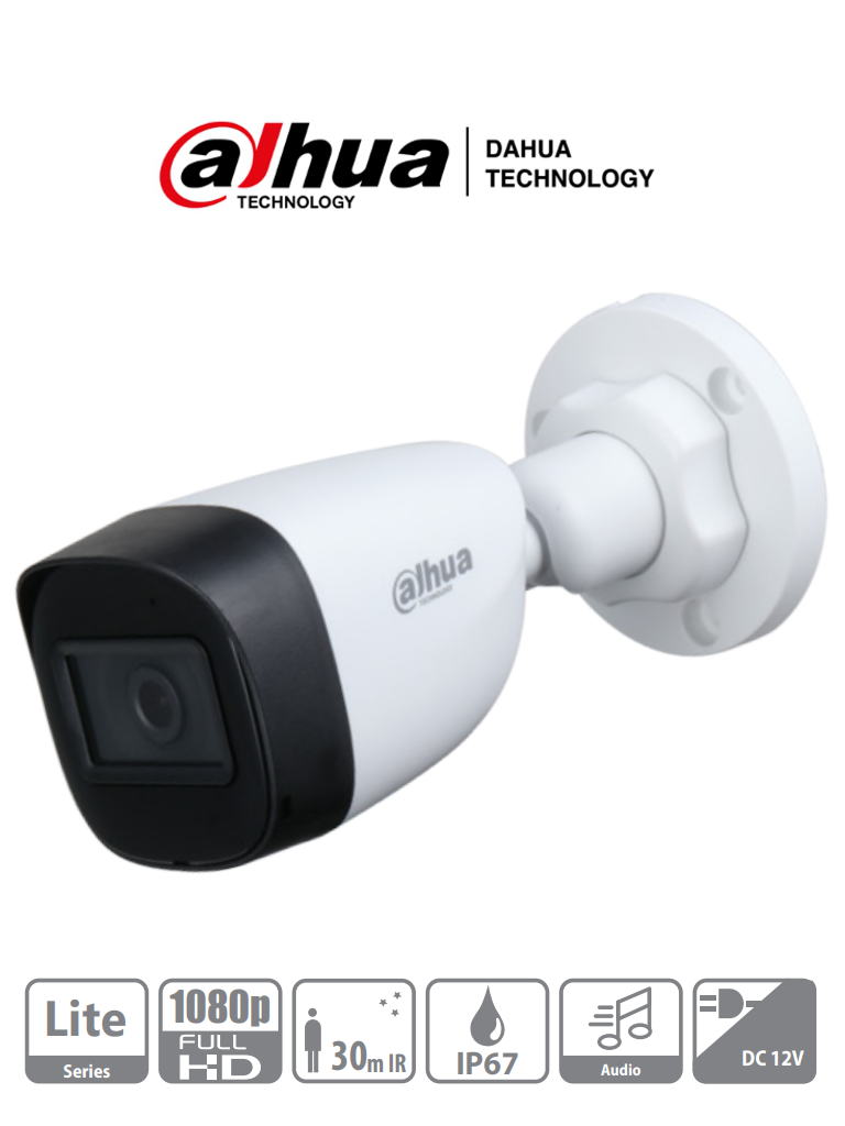 DAHUA HAC-HFW1200CN-A - Cámara Bullet 1080p/ Micrófono Integrado/ Lente de 2.8mm/ 30 Mts de Ir/ IP67/ Policarbonato/ CVI/CVBS/AHD/TVI/ BLC/HLC/DWDR — Dahua Technology · SKU DHT0290033