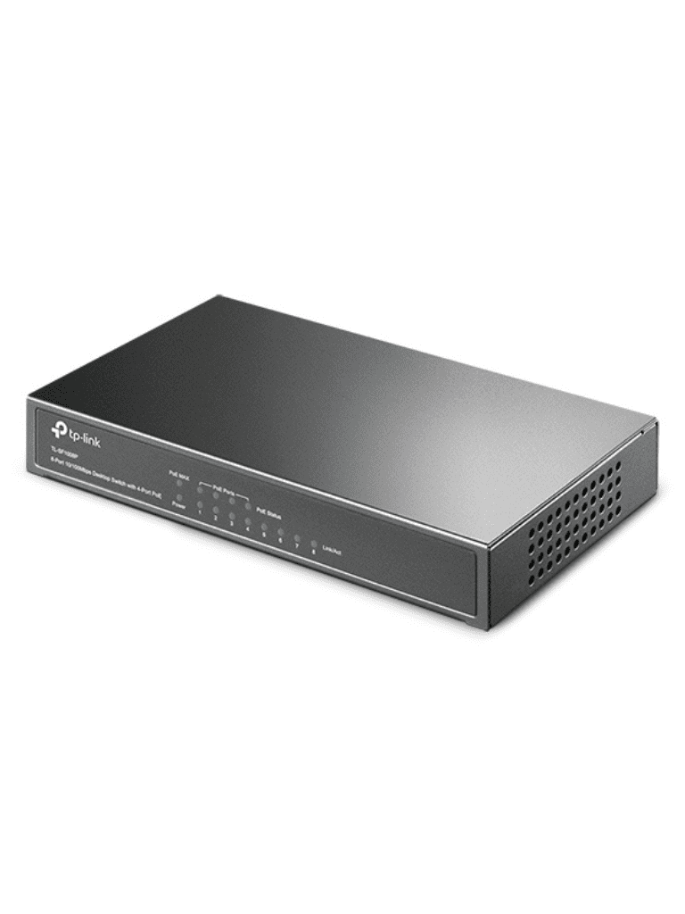 TP-LINK TL-SF1008P -Switch PoE no administrable con 8 puertos Fast Ethernet, que incluye 4 puertos PoE AF y AT. Ofrece un presupuesto PoE de hasta 66W y soporta modo extendido para conexiones de hasta 250m de longitud.