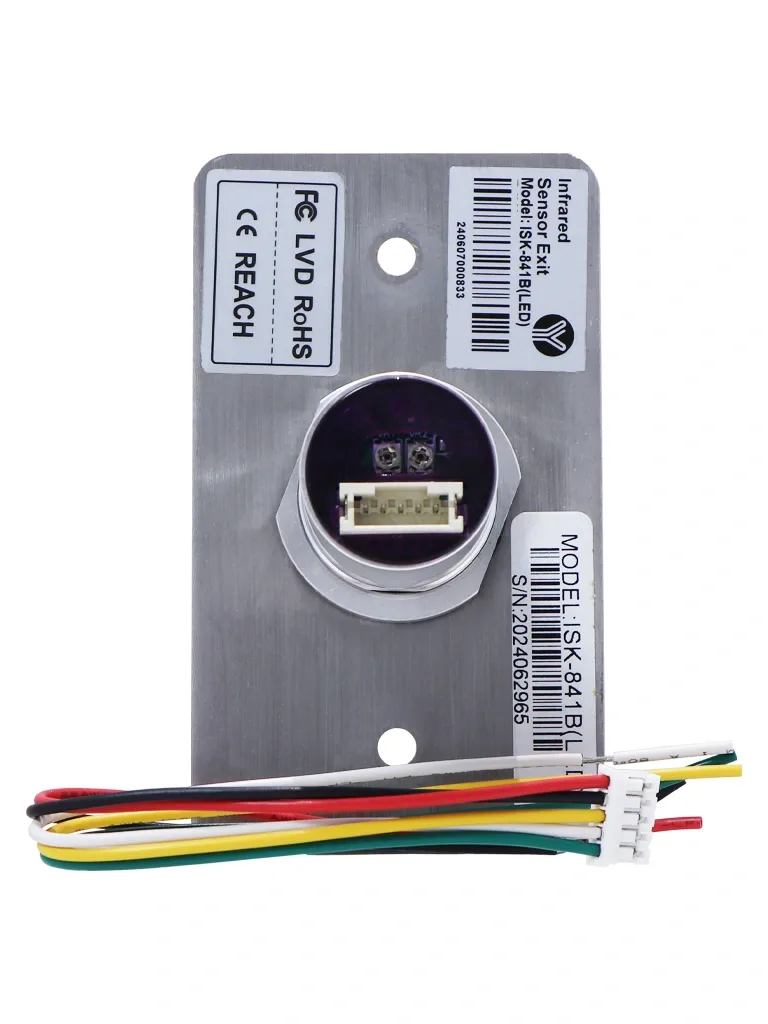 YLI ISK841BLED - Botón de Salida sin Contacto, Indicador LED, Acero Inoxidable, 12 VCC, Función NC/NO, Distancia de Detección y Retardo del Relevador Ajustables