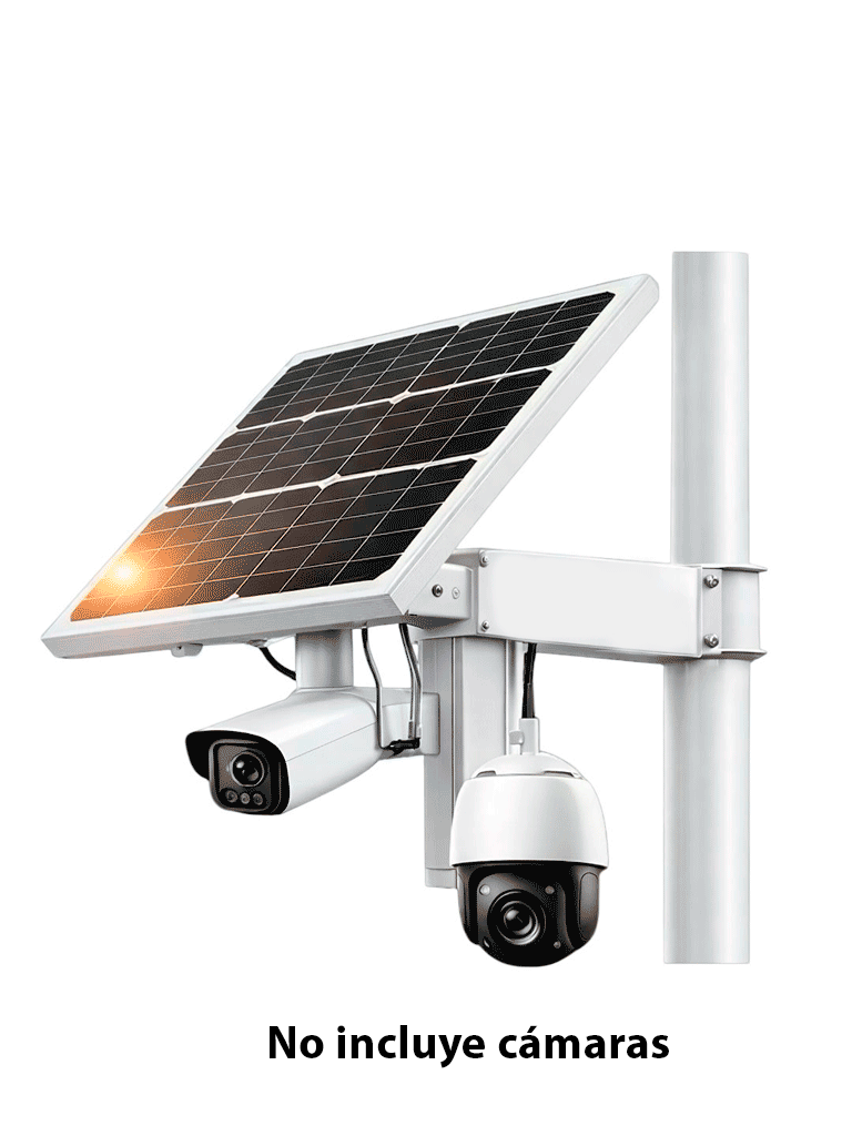 Sistema de energía solar inteligente All in-One CCTV / Panel solar de alta eficiencia grado A monocristalino 80 W / Batería litio 90 AH 12V/ Carga MPPT 3.0/ Autonomía estimada 1-3 Días nublados / Accesorios para poste o pared / No incluye cámaras