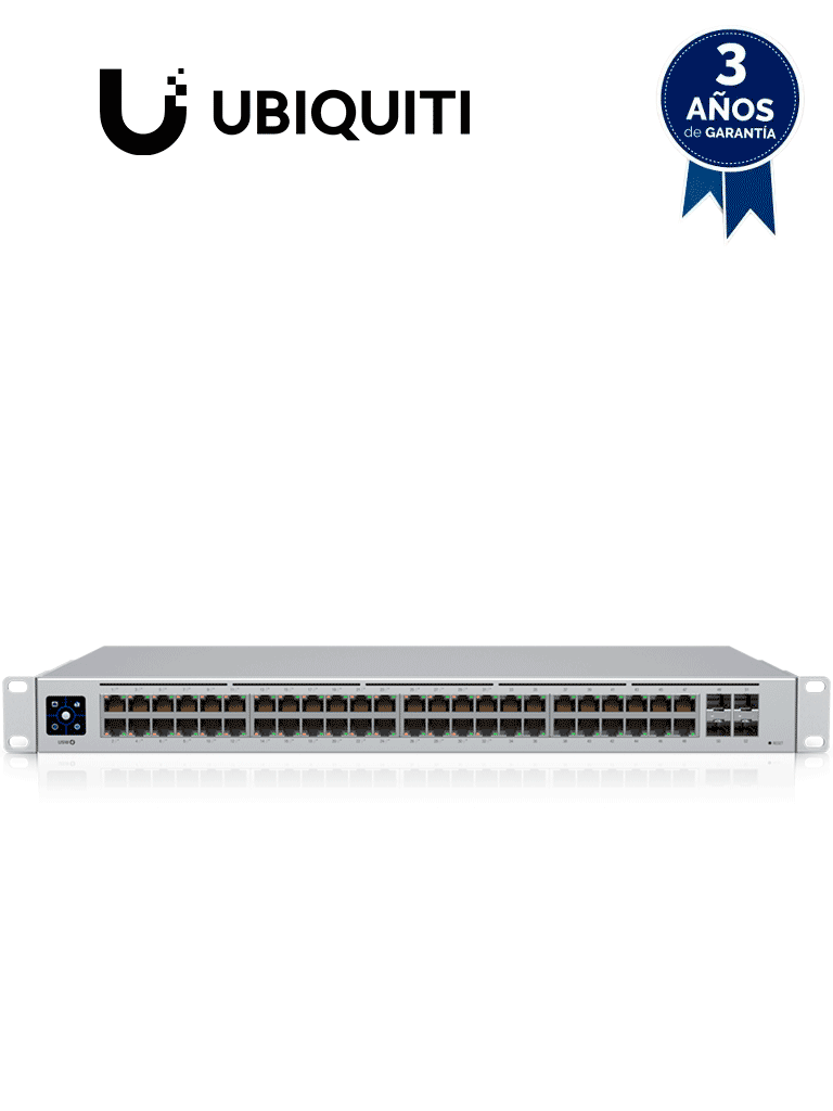 UBIQUITI USW-48-POE UniFi Switch de Capa 2 con 48 puertos (32 PoE 802.3af/at + 16 Gigabit) y 4 puertos 1G SFP, con una potencia de 195W y pantalla informativa. · SKU UBI1850008