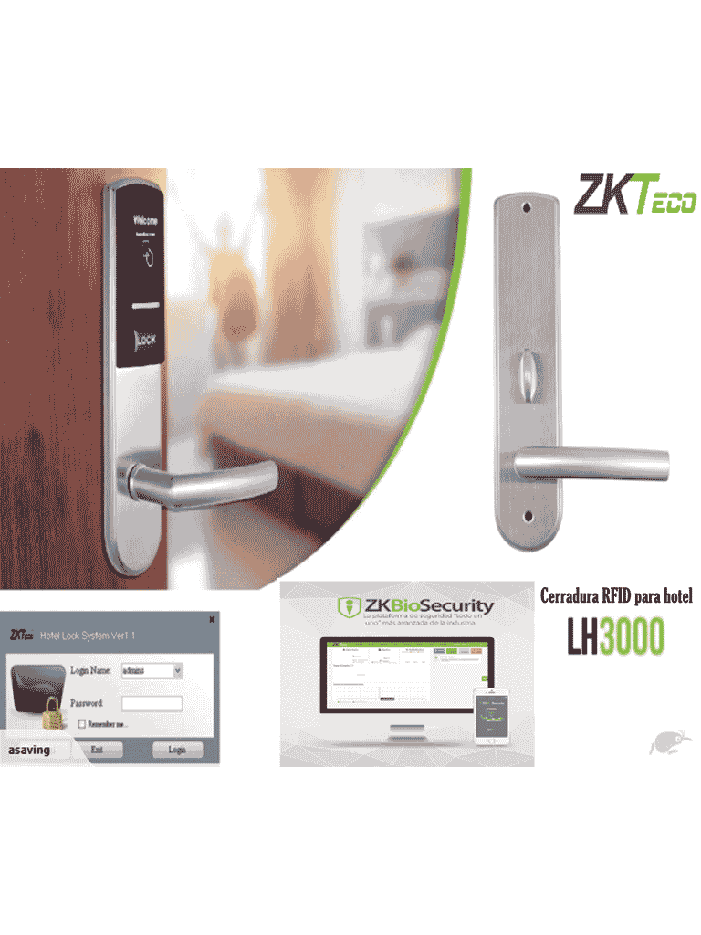 ZKTECO LH3000R - Cerradura Derecha para Hotel con Tecnología Mifare 13.56 MHz, Compatible con Puertas de 40 a 55 mm de Grosor, 2 Pestillos de Seguridad, Fabricada en Acero Inoxidable, Capacidad de Registro de 224 Eventos