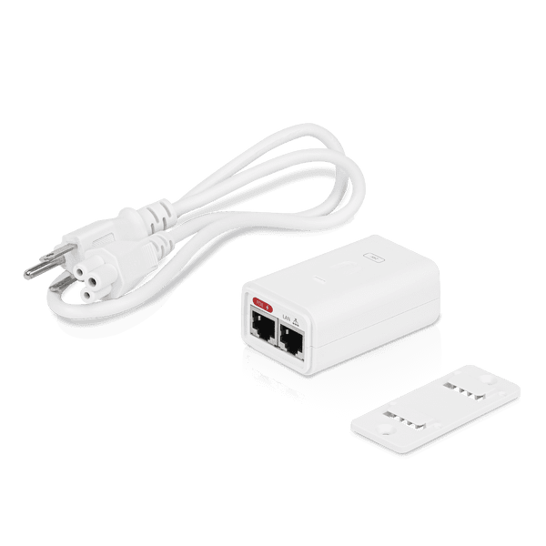 UBIQUITI  POE-24-7W-G-WH - Inyector PoE Gigabit con protección contra descargas, alimentación de 24V DC a 0.3A y capacidad para reset remoto.