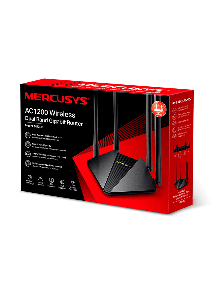 MERCUSYS MR30G -  Router inalámbrico Gigabit AC1200 con doble banda 2.4 GHz y 5 GHz, 2 puertos LAN Gigabit, 1 puerto WAN Gigabit. Incluye tecnología MU-MIMO y Beamforming, 4 antenas de 5 dBi, compatible con EasyMesh y función de control parental.