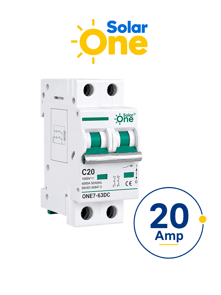 Interruptor termomagnético de corriente Directa 2 Polos 20 Amp / 1000 VDC  / Estándar UL / Protección con sistema de disparo termomagnético / Montaje riel Din / Protección IP20