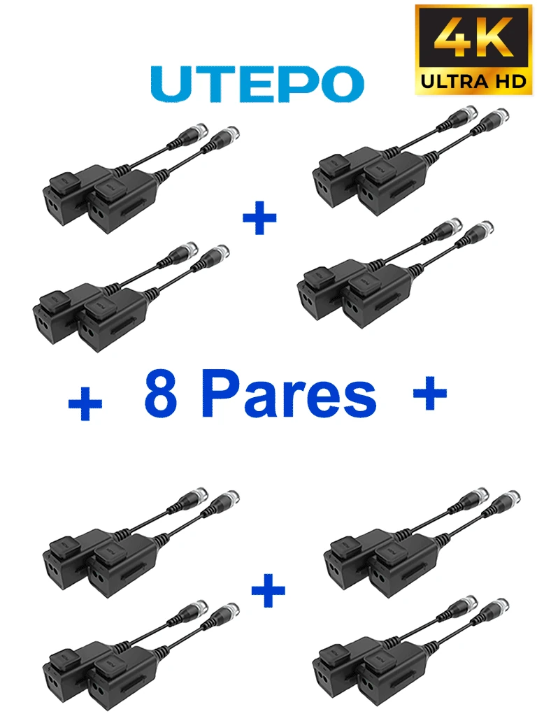 UTEPO UTP101PHD6PAK8 - 8 pares de transceptores pasivos HD, diseño para empalmes ordenados, distancias CVI: 720p a 300m, 1080p a 250m, 4MP a 200m, 4K a 150m