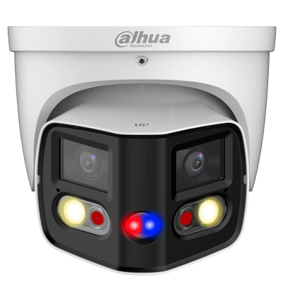 DAHUA IPC-PDW3849-A180-AS-PV Cámara IP WizSense Eyeball con multivisión en dos sensores de 4MP, ofreciendo un ángulo de 180°. Con IR de 25 m, LED de 20 m, disuasión activa, ePTZ, micrófono, altavoz, y protección IP67.