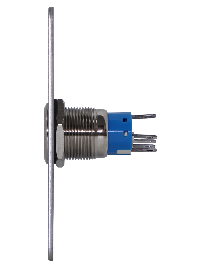 YLI PBK814BLED - Botón de Salida Mecánico, Indicador LED (Azul), Acero Inoxidable, 12 VCC, Función NC/NO