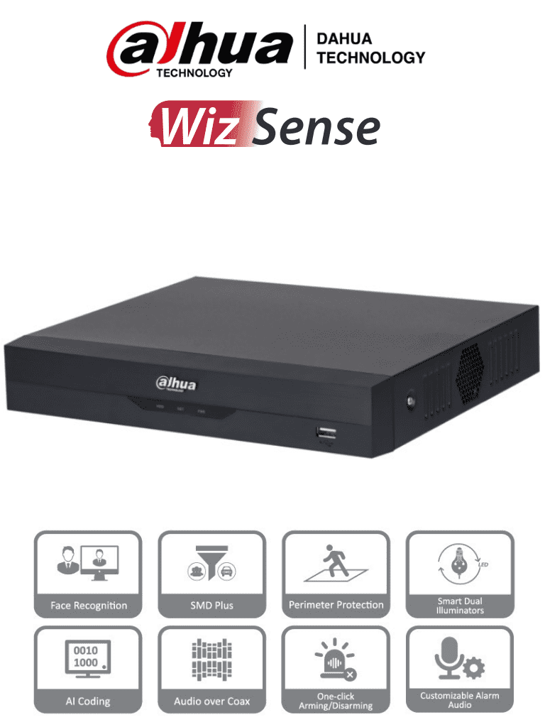 DAHUA XVR5104HS-I3 - DVR de 5MP Lite con WizSense. Soporta 4 canales + 2 IP o hasta 6 canales IP. Reconocimiento facial y protección perimetral en 1 canal, incluye SDM Plus, codificación H.265+, y funciones para IoT & POS/ 1 puerto SATA/ — Dahua Technology · SKU DHT0350012