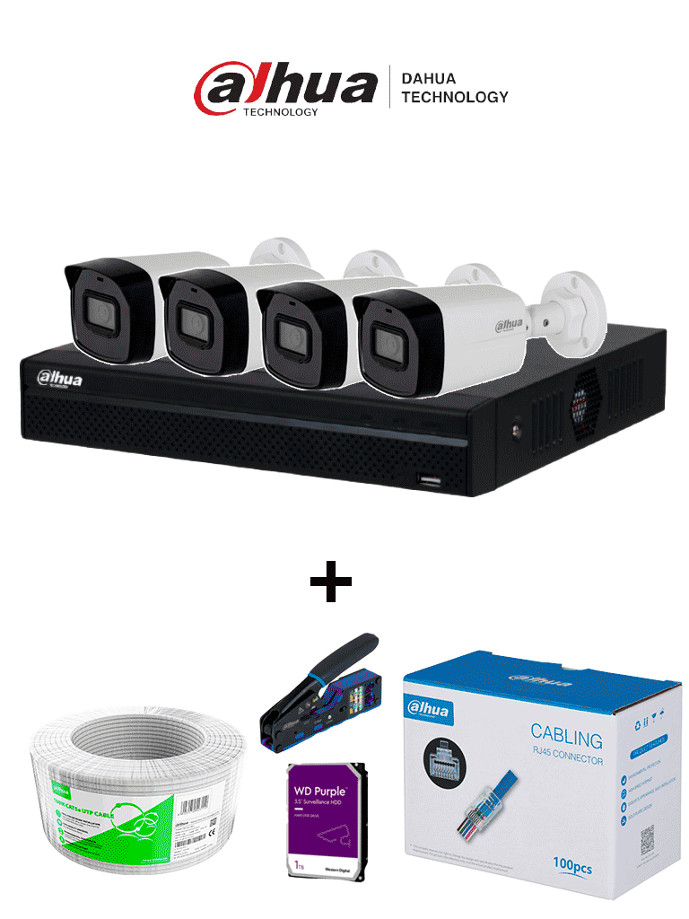 Bundle  NVR+4BulletIP - Compra 1 NVR NVR1104HS-P-S3 de 4 Canales/ 4 cámaras IPC-B1E20 / Bobina de 100m/ Caja con 100 plugs/ Pinza de corte rj45/ Disco Duro 1TB/