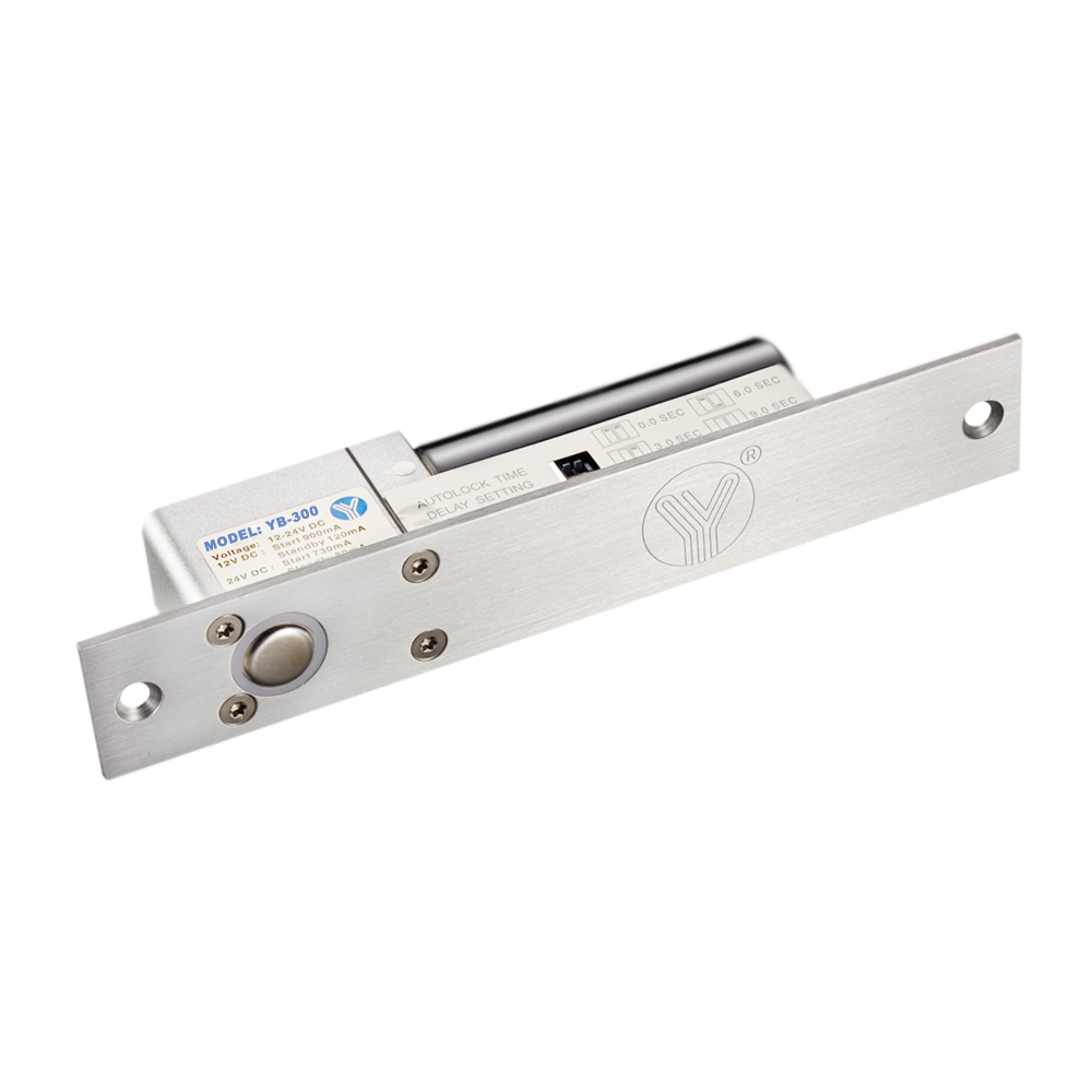 YLI YB300 - Cerradura Eléctrica de perno Soporta 800 Kg / Función NO  / Voltaje 12 y 24 VDC / Retardo 3,6 y 9 segundos / Fail Safe / Compatible con controles de acceso / Compatible Soporte de fijación BBK600