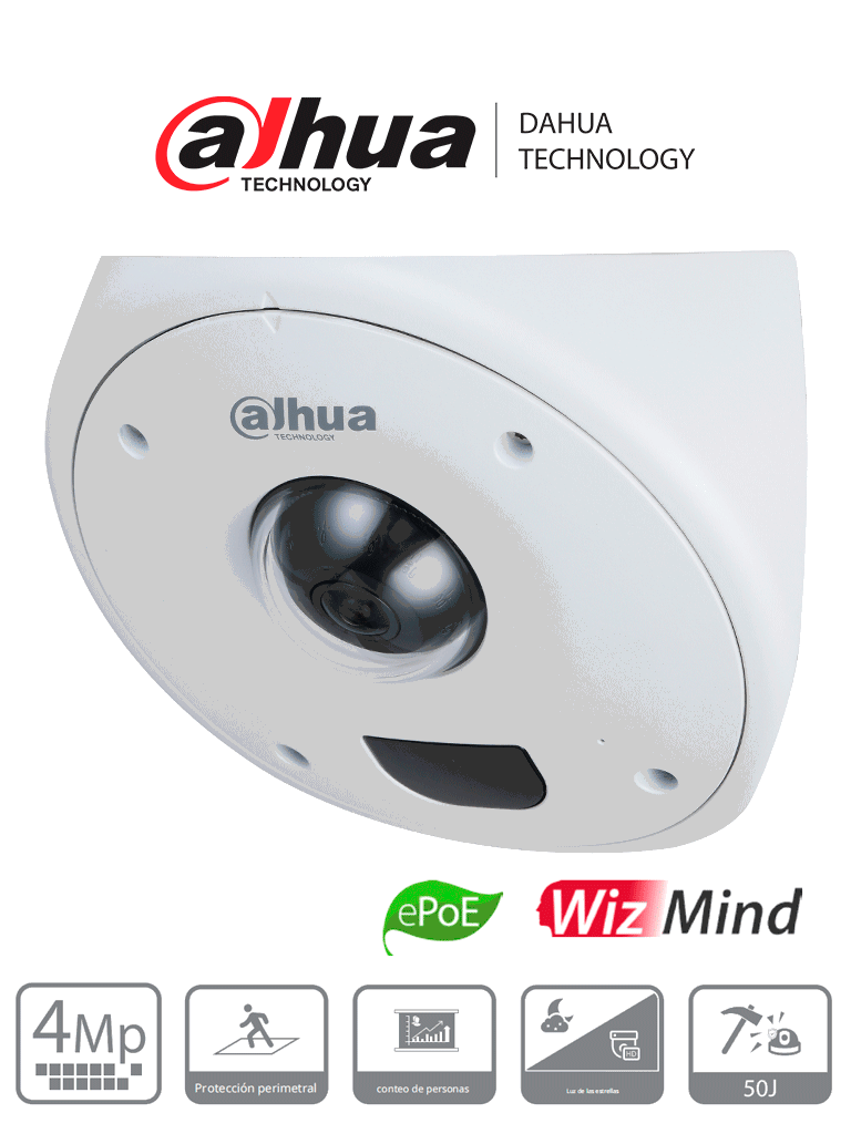 DAHUA IPC-HCBW8442 - Domo IP de 4 MP para Montaje en Esquinas/ Lente de 2.5 mm/  135°/ IR de 10 Metros/ Antivandálico/ Protección Perimetral/ Conteo de Personas/ Mapa de Calor/ IP67 e IK10+ (50J)/ PoE/ E&S de Alarma/ E&S de Audio /