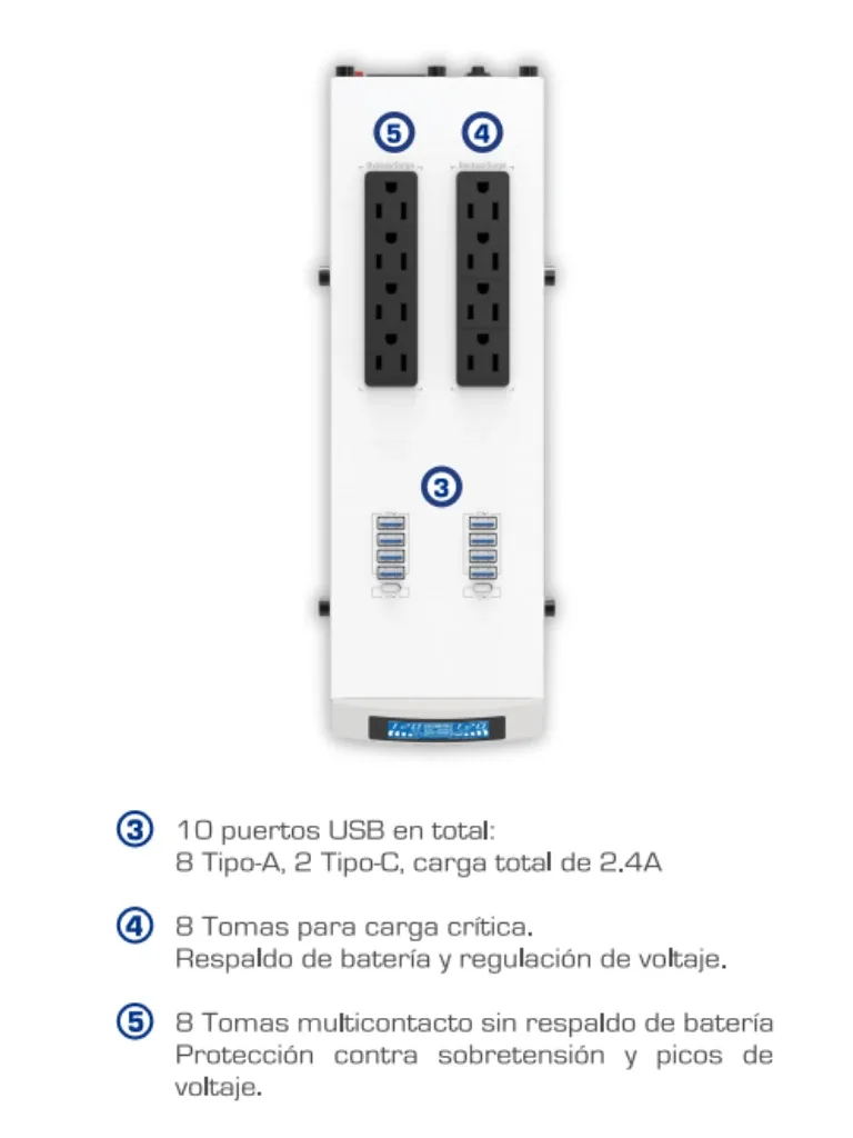 CDP GSMART1516 1500VA/900W UPS Smart, AVR 16 Salidas, Puerto de carga USB (8 USB-A y 2 USB-C), 210 joules, Luz RGB, LCD, 120 Vac