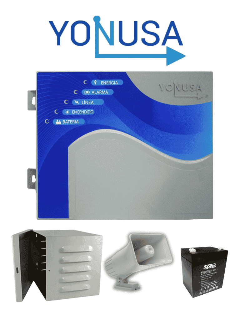 YONUSA EY10000127AFBAT - Paquete de energizador anti plantas o alta frecuencia de 10,00V con hasta 10,000 mts lineales, incluye batería de respaldo de 12VDC a 4.5 AH, sirena de 30W y gabinete metálico