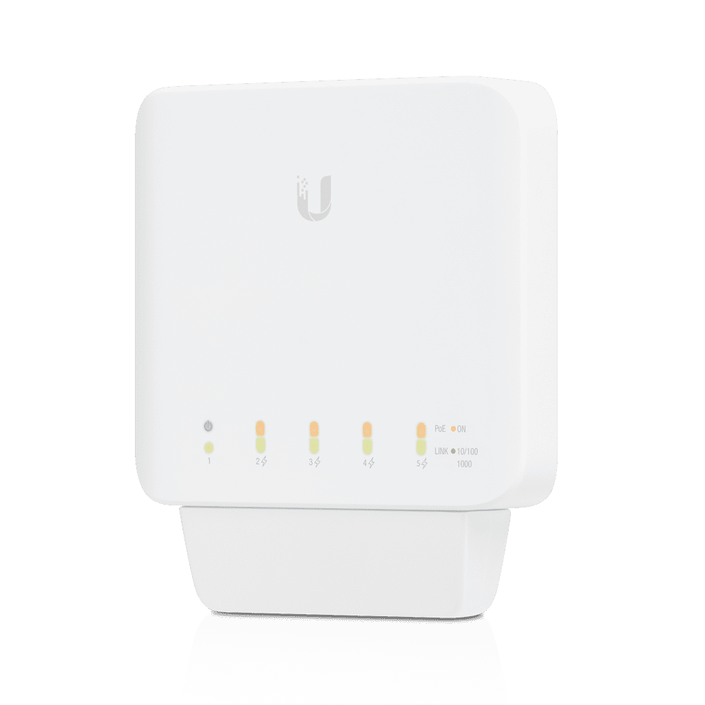 UBIQUITI USW-FLEX Switch UniFi para exterior IP55 de 5 puertos 10/100/1000, con 1 puerto PoE de entrada 802.3af/at/bt y 4 puertos PoE de salida 802.3af. Compatible con Inyector PoE-50-60W y UTP7201GE-PSE60. No incluye inyector PoE.