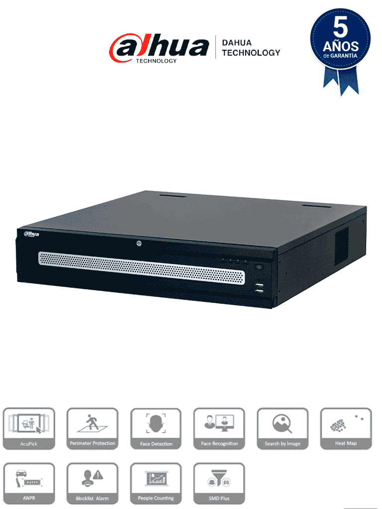DAHUA DHI-NVR608RH-128-XI - NVR con tecnología Acupick y WizMind 128 canales 32MP, 8HDD, 1024Mbps. Clúster N+M, RAID0/1/5/6/10, Hot Swap. Detección de rostros, metadatos, protección perimetral, SMD Plus, y soporte IA por cámara.