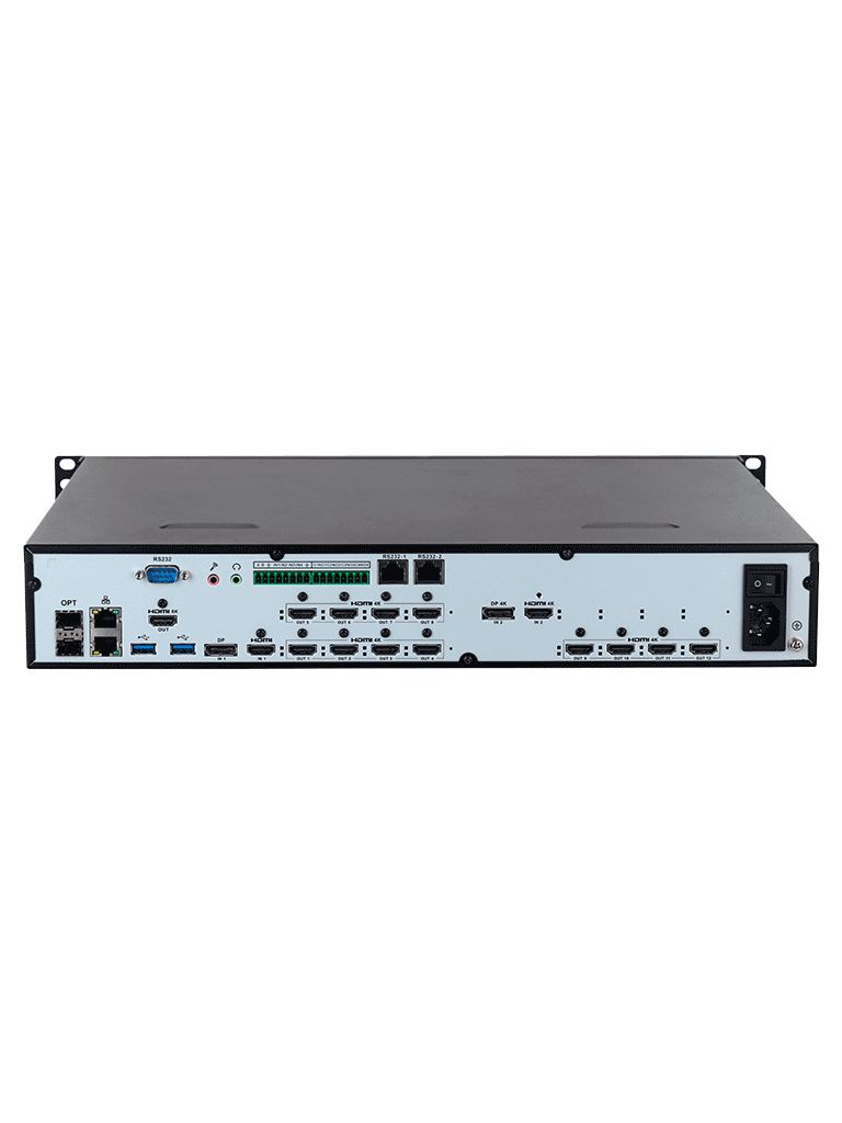 DAHUA DHI-NVD1205DU-4I-8K  Decodificador de vídeo IP Ultra HD (8k)/ 12 salidas HDMI/H265+/ H265/ H264/ MJPEG/ HDMI /DVI-I/ Soporta 1/4/6/8/9/16/25/36 y división libre/ RS232, RS485/  Control de pantallas de empalme para zoom/fusión/desplazamiento