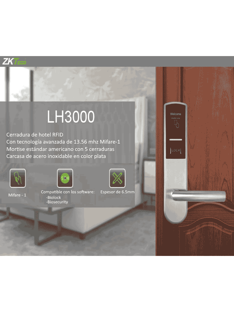 ZKTECO LH3000R - Cerradura Derecha para Hotel con Tecnología Mifare 13.56 MHz, Compatible con Puertas de 40 a 55 mm de Grosor, 2 Pestillos de Seguridad, Fabricada en Acero Inoxidable, Capacidad de Registro de 224 Eventos