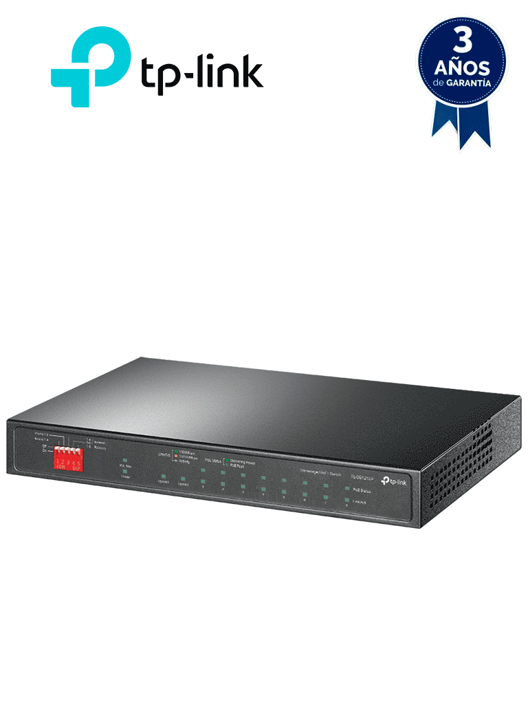 TP-LINK TL-SG1210P - Switch de escritorio PoE+ no administrable con 8 puertos 10/100/1000 Mbps, 1 puerto 10/100/1000 Mbps (Uplink), 1 puerto SFP y capacidad de suministro de 63W. — TP-Link · SKU TPL3720011