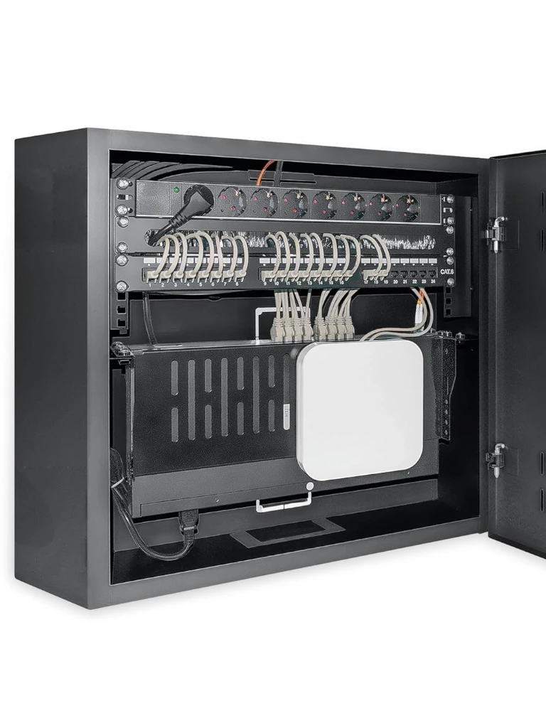 INTELLINET 713689 - Gabinete mural 19" de tamaño reducido / Caja delgada que ahorra espacio con sólo 17.0 cm de profundidad, 4U de rieles horizontales y 2U de rieles verticales / Negro