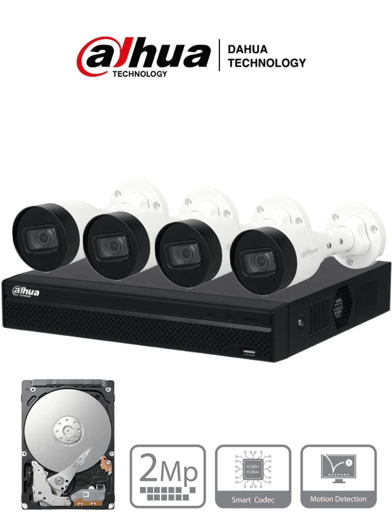 DAHUA KITNVR1104HS-P+4C1TB- Kit IP de 4 canales con NVR con 4 puertos PoE, 1TB de almacenamiento, y 4 cámaras bullet de 2MP con IR de 30 metros y clasificación IP67 para exteriores. Ideal para una vigilancia eficiente y robusta.