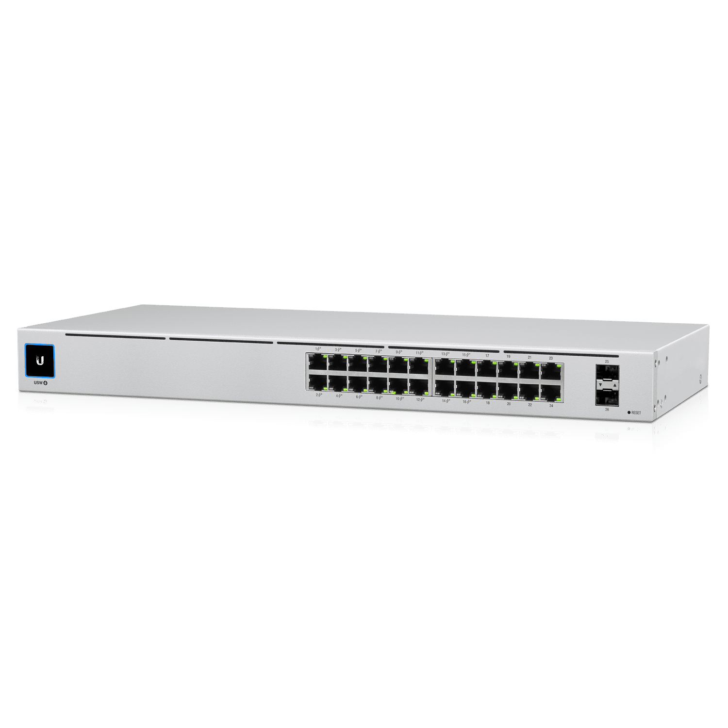 UBIQUITI USW-24-POE UniFi Switch Gen2, Capa 2 de 24 puertos (16 PoE 802.3af/at + 8 Gigabit) + 2 puertos 1G SFP, con 95W de potencia y pantalla informativa.