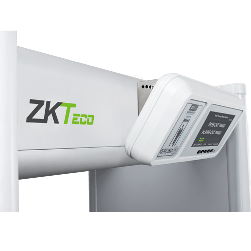 ZKTECO D4330 - Arco Detector de Metales con 33 zonas de detección, 300 niveles de sensibilidad, pantalla HD 7", indicadores LED en ambas vistas, control remoto y batería de respaldo incluida.