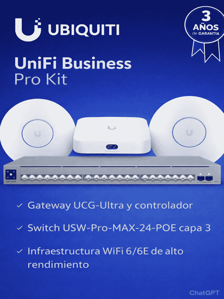 UBIQUITI UniFi Business Pro Kit - Solución empresarial que integra UCG-Ultra como gateway y controlador, switch USW-PRO-MAX-24-POE capa 3 con PoE++ y 2.5G, WiFi 6/6E con U6-PRO y U6-ENTERPRISE, ofreciendo alto desempeño, seguridad y escalabilidad.