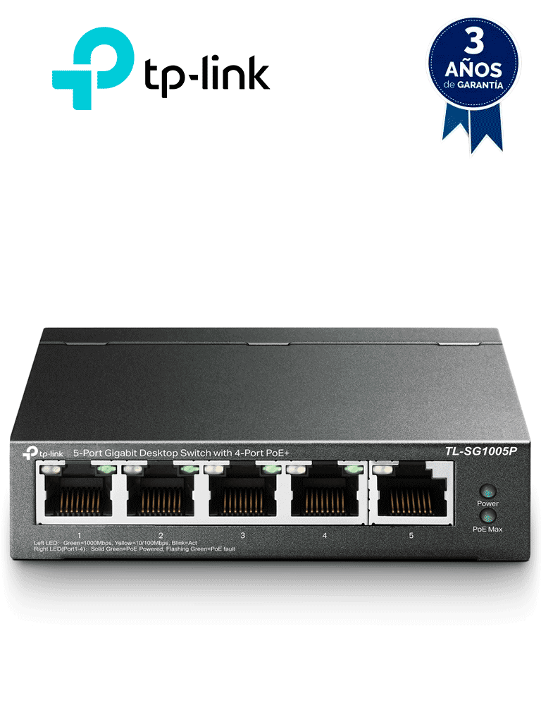 TP-LINK TL-SG1005P - Switch Escritorio No Administrable de 5 puertos 10/100/1000 Mbps, con 4 puertos PoE 802.3af/at de hasta 65 W y PoE Extendido hasta 250 metros. — TP-Link · SKU TPL3720002