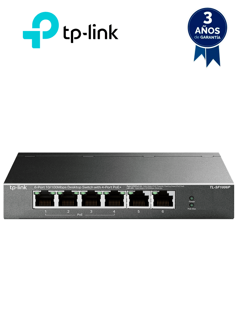 TP-LINK TL-SF1006P - Switch PoE no administrable con 6 puertos Fast Ethernet, incluyendo 4 puertos PoE AF y AT. Suministro PoE hasta 67W y modo extendido para conexiones de hasta 250m. — TP-Link · SKU TPL3720006