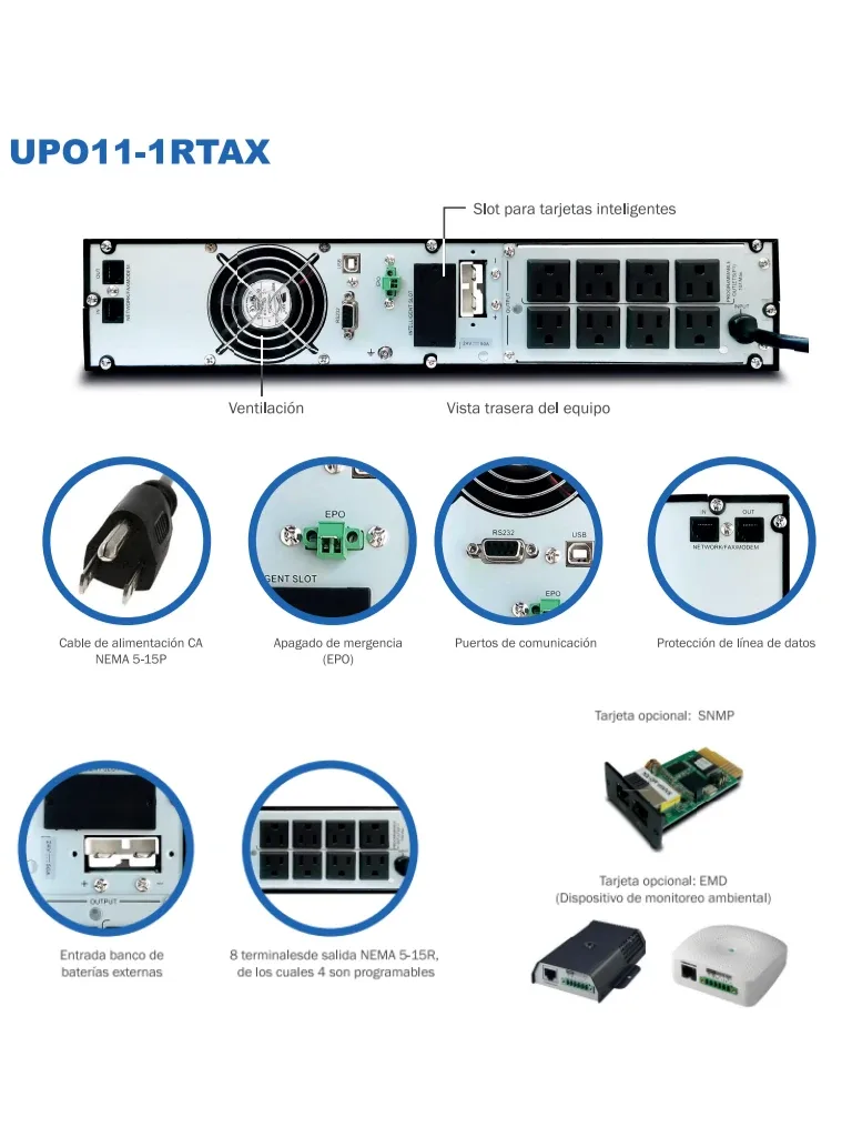 CDP UPO11-1RT AX - UPS de 1000VA y 1000W con 8 terminales, 4 programables, pantalla LCD, 5 min de respaldo a carga completa, disponible sobre pedido.