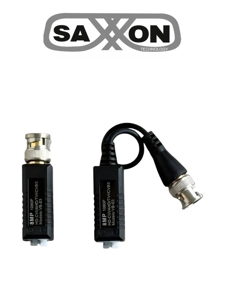 SAXXON VB-03 Par de transceptores pasivos (Video Baluns) soporta 8MP 4k a 150m, 4MP a 200m, 1080p a 250m, 720p a 300m en CVI. Compatible con HDCVI, TVI, AHD y CVBS. Incluye 1 terminal Push para fácil conexión