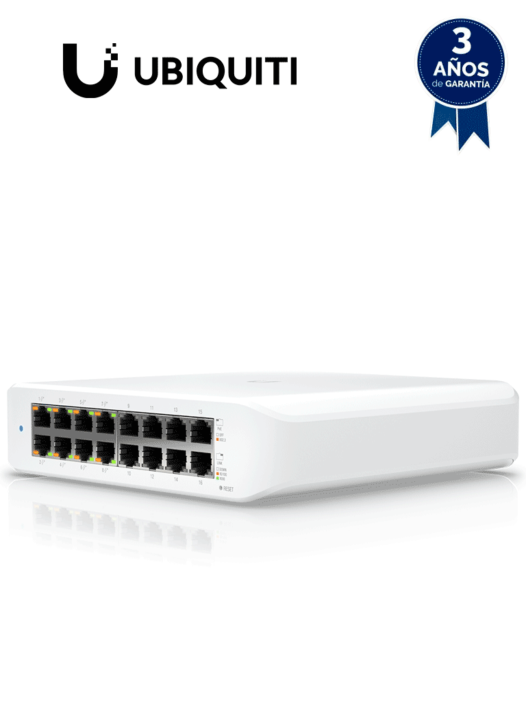 UBIQUITI USW-LITE-16-POE - Switch UniFi Lite, PoE administrable, con 16 puertos 10/100/1000 Mbps y 8 puertos 802.3af/at, con un presupuesto PoE de 45W · SKU UBI1850006