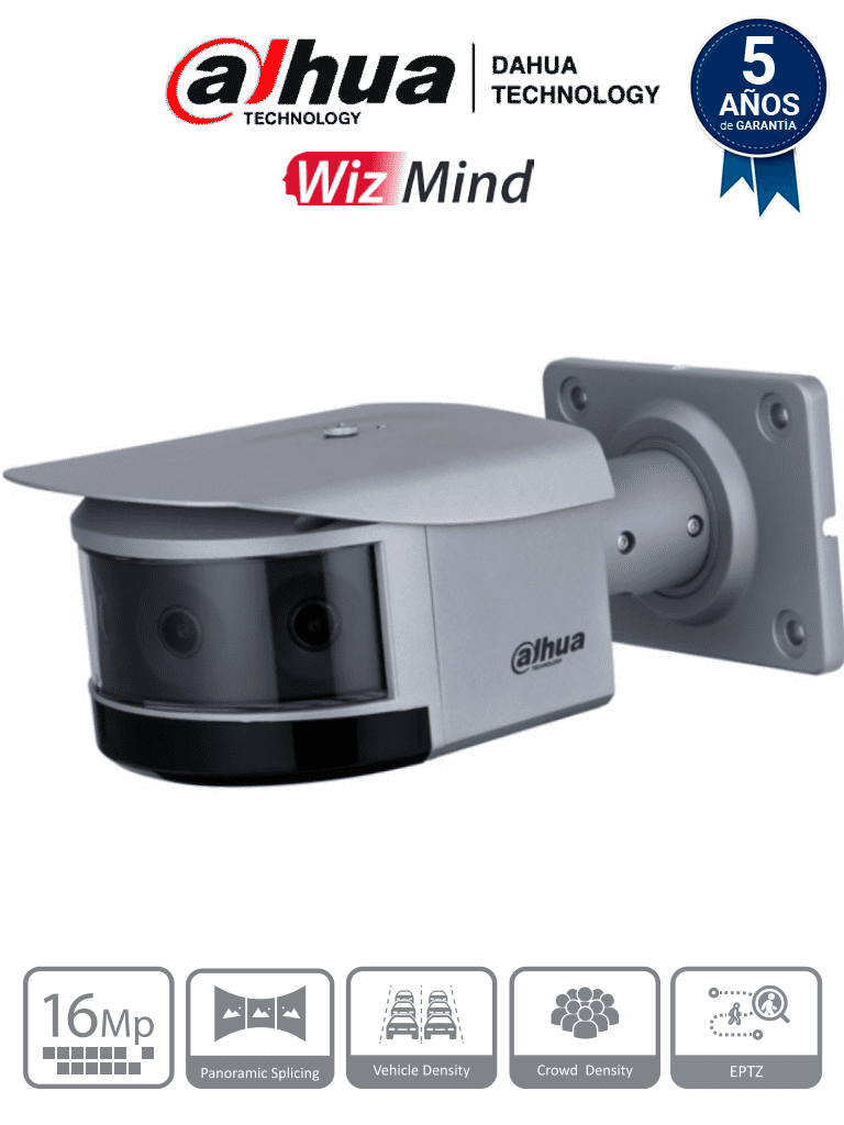 DAHUA IPC-PFW81642-A180 - Cámara IP Panorámica de 16 MP ofreciendo multivisión y 4 lentes de 4 MP cada uno. Ofrece análisis avanzado de densidad de vehículos y multitudes, ranura MicroSD, E/S de alarmas y audio, y clasificación IP67/IK10.