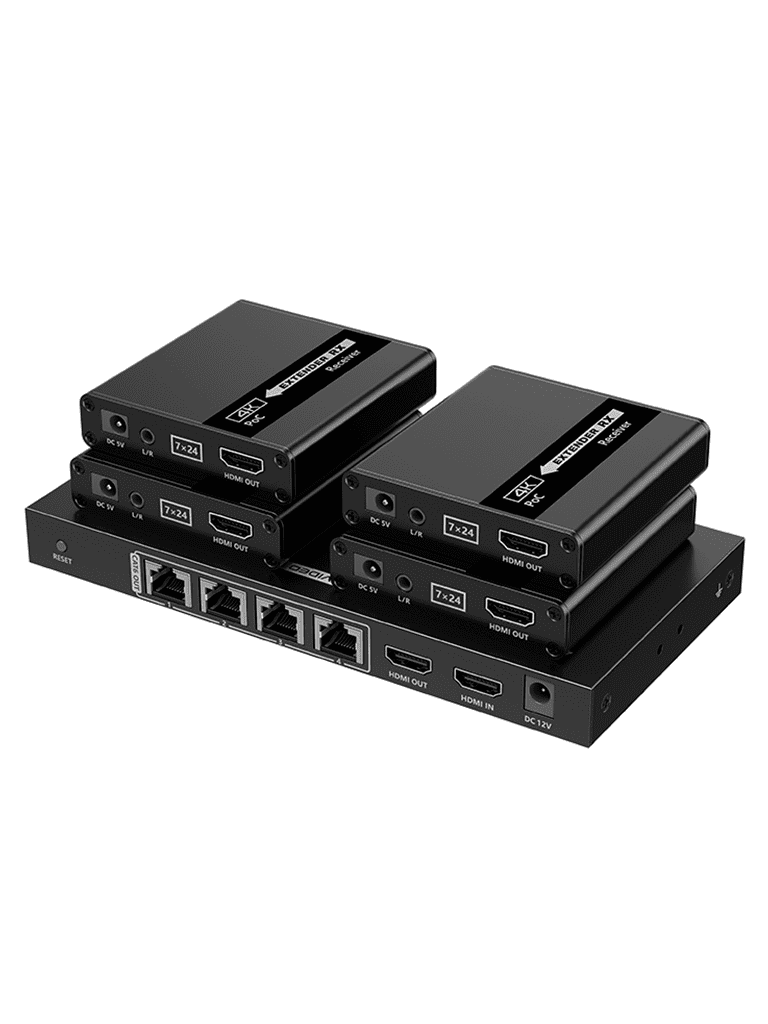 SAXXON LKV724P- Kit Extensor HDMI de 4 Puertos/ Resolucion 4K@30Hz/ Hasta 40 metros con resolución 4K y 70m a 1080P/ Cat 6/ 6A/ 7/ Loop HDMI/ Transmisor IR/ Plug and play