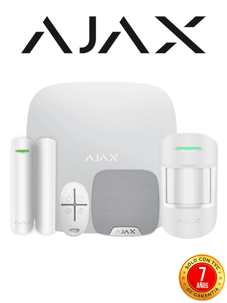 AJAX KIT RESIDENCIAL LIGHT - Panel de alarma Hub2Plus conexión Ethernet / WiFi / LTE, APP “AJAX PRO” iOS y Android , 1 sensor de movimiento, 1 detector para puerta o ventana, 1 control remoto y una sirena interior inalámbrica color Blanco — Ajax Systems · SKU AJX2480011
