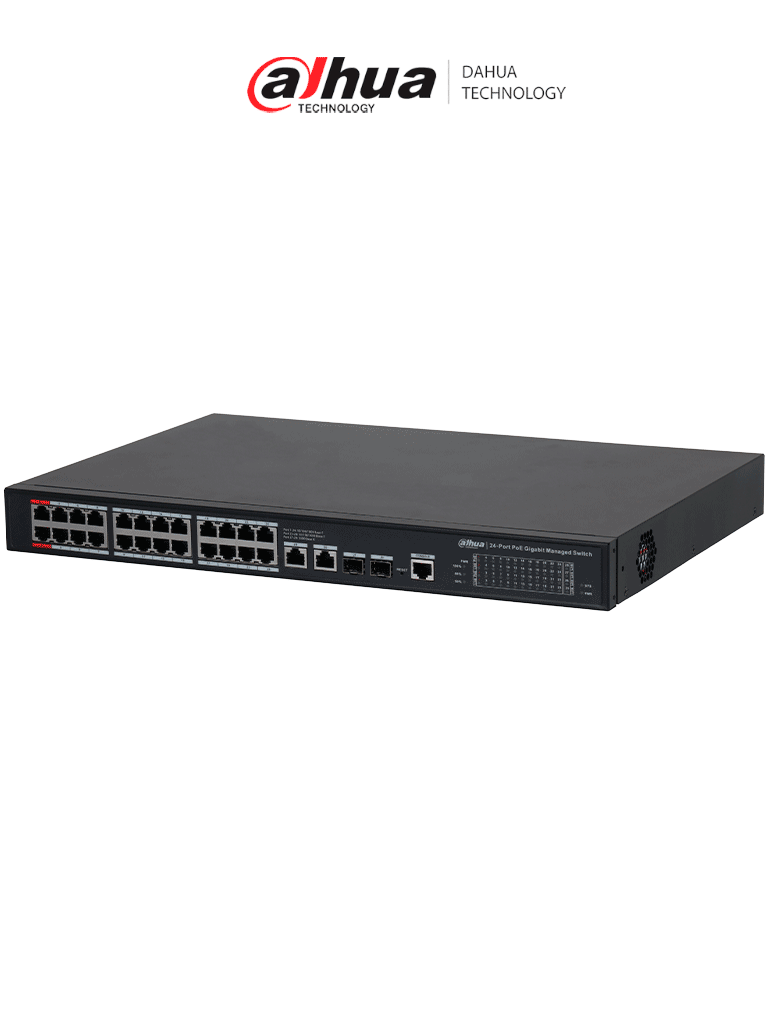 DAHUA DH-S4228-24GT-240 Switch PoE Gigabit Administrable con 24 puertos PoE, ideal para transmisión de larga distancia (hasta 250 m), perfecto para redes de Capa 2/ — Dahua Technology · SKU DHT3720036