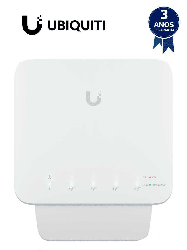 UBIQUITI USW-FLEX Switch UniFi para exterior IP55 de 5 puertos 10/100/1000, con 1 puerto PoE de entrada 802.3af/at/bt y 4 puertos PoE de salida 802.3af. Compatible con Inyector PoE-50-60W y UTP7201GE-PSE60. No incluye inyector PoE. · SKU UBI1850005