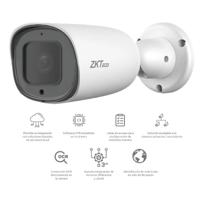 ZKTECO BL852Q38ALP - Cámara IP Bullet para reconocimiento de placas / Software LPR integrado / Lente Motorizado /  Resolución 2MP /  POE / IP67 / Audio / Alarma / Ranura para tarjeta SD