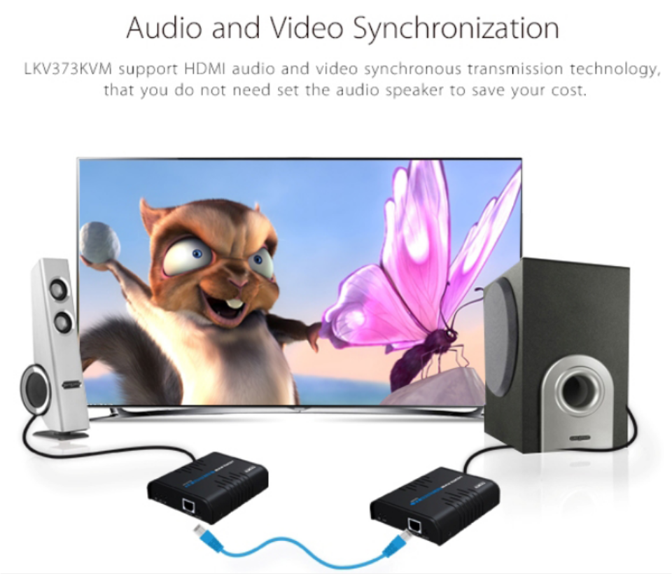 SAXXON LKV373KVM- Kit Extensor HDMI/KVM para Hasta 120 metros/ Resolución 1080p@60Hz/  Soporta Cableado con CAT 5e y 6/ 30 HZ/ 2 Puertos USB para Conectar Teclado y/o Mouse/ 5 VCD/ Plug and Play/ Punto a Punto o Punto Multipunto con Switch/