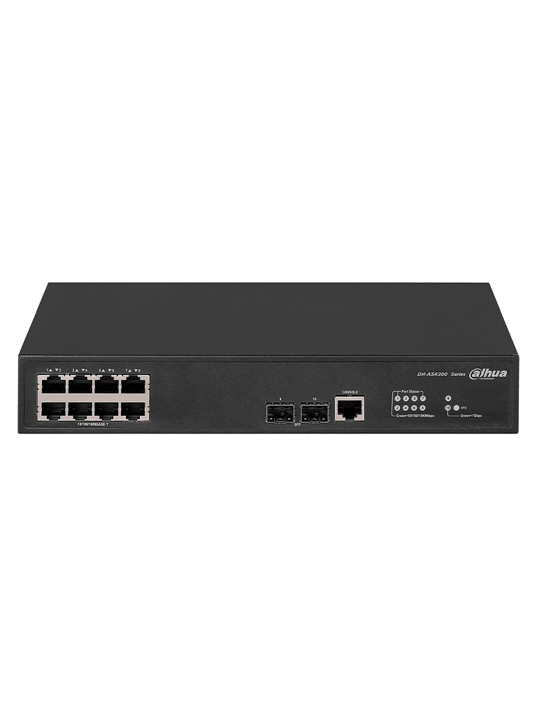 DAHUA DH-AS4300-8GT2GF- Switch Gigabit administrable de capa 2 con 8 puertos10/100/1000 Base-T y2 ranuras SFP d 1Gbps. Ofrece una capacidad de switching de 20Gbps y viene con una robusta carcasa metálica, ideal para redes de alto rendimiento