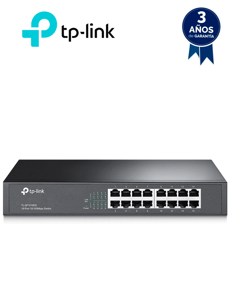 TP-LINK TL-SF1016DS - Switch no administrable con 16 puertos Fast Ethernet, diseñado para montaje en rack o en escritorio. — TP-Link · SKU TPL3700021
