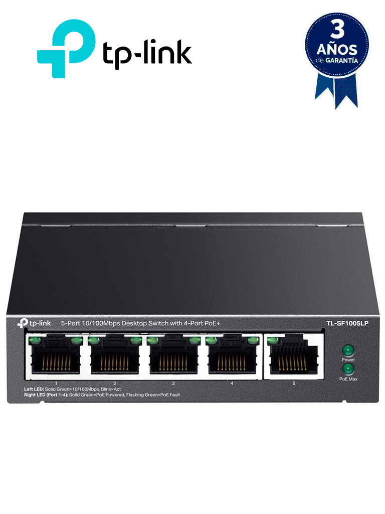 TP-LINK TL-SF1005LP - Switch PoE no administrable con 5 puertos Fast Ethernet, incluyendo 4 puertos PoE AF. Presupuesto PoE de hasta 41W y modo extendido para conexiones de hasta 250m. — TP-Link · SKU TPL3720001