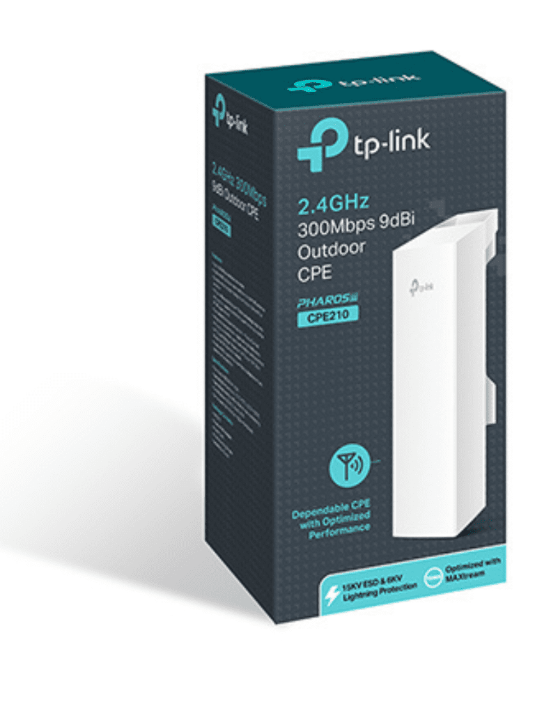 TP-LINK CPE210 - Radio CPE para exteriores con antena integrada de 9dBi en 2.4GHz a 300Mbps, MIMO 2x2, Pharos MAXtream TDMA, Modos: AP, Cliente, Router AP, Cliente Router AP (WISP)
