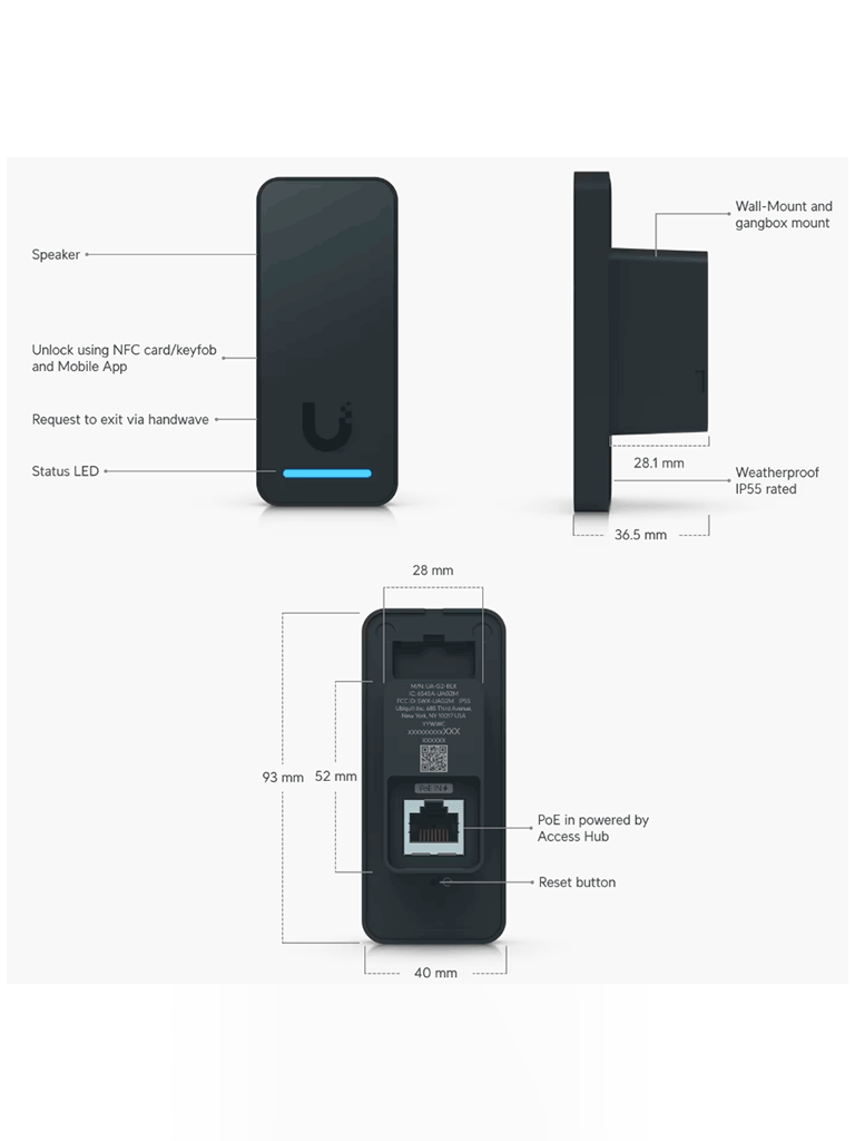 UBIQUITI UA-G2-BLACK - Lectora NFC para control de acceso , Desbloqueo Mediante NFC o App UniFi Identity , Configuración de Mensaje para Bienvenida &Salida , Grado de Protección IP55 , Conexión a UniFi Access Hub mediante PoE.