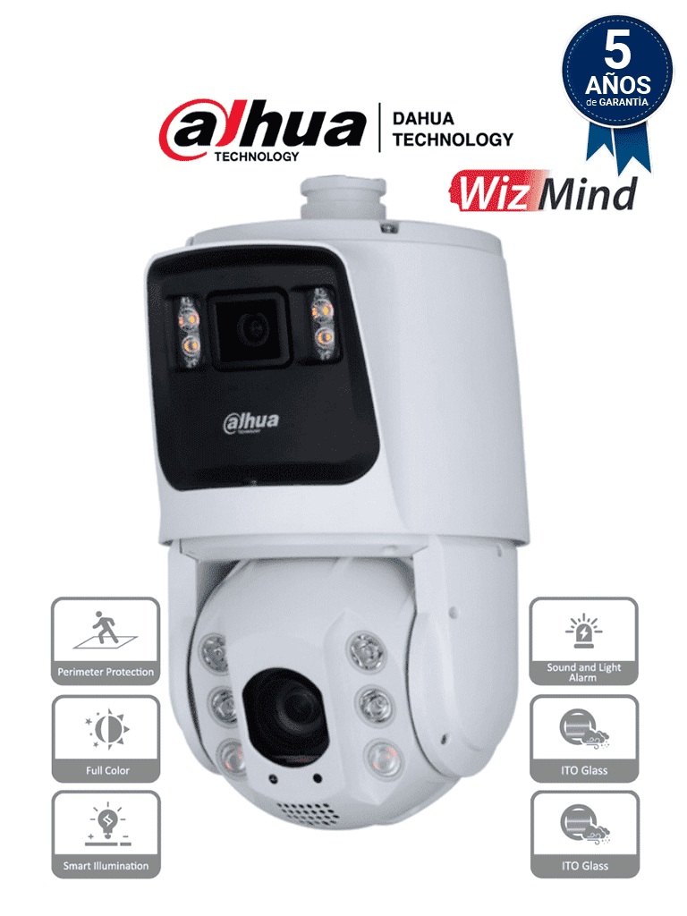 DAHUA DH-SDT7C424-4F - Cámara IP PTZ Dual de 4 MP/ 24x de Zoom óptico / Iluminadores dual 30 m de luz visible y 150 m de IR/ FullColor/ Detección de Rostros /Autotracking /Disuasión activa con luz y sirena/Protección perimetral