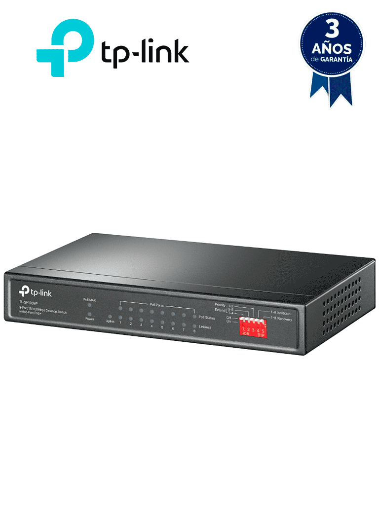 TP-LINK TL-SF1009P - Switch PoE no administrable con 9 puertos Fast Ethernet, incluidos 8 puertos PoE AF y AT. Ofrece un presupuesto PoE de hasta 65W y soporta modo extendido para conexiones de hasta 250 metros. — TP-Link · SKU TPL3720009