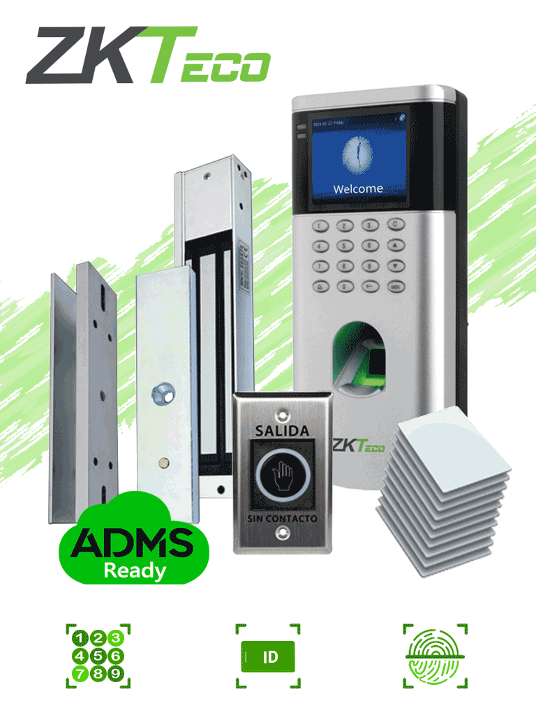 ZKTECO LF10KIT - Control de Acceso para una Puerta / 1500 Usuarios / Incluye Electro-Imán / Botón de Salida / Montaje Tipo U para Puerta de Metal, Madera y Cristal con marco / 10 Tarjetas RFID 125 Khz — ZKTeco · SKU ZKT0680042