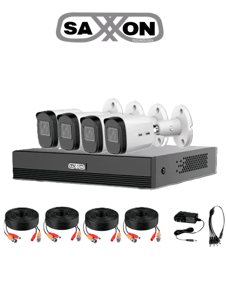 SAXXON SUA-KIT/XVR1E04-I/4-B20M-0280B-Kit de 4Canales HDCVI 1080P/4 Cámaras B20M de 2.8mm con Campo de Visión de Hasta 100°/Grabador Soporta Hasta 5 Canales IP yDetección de Movimiento Inteligente/Cámaras Fabricadas en Metal deAlta Duración
